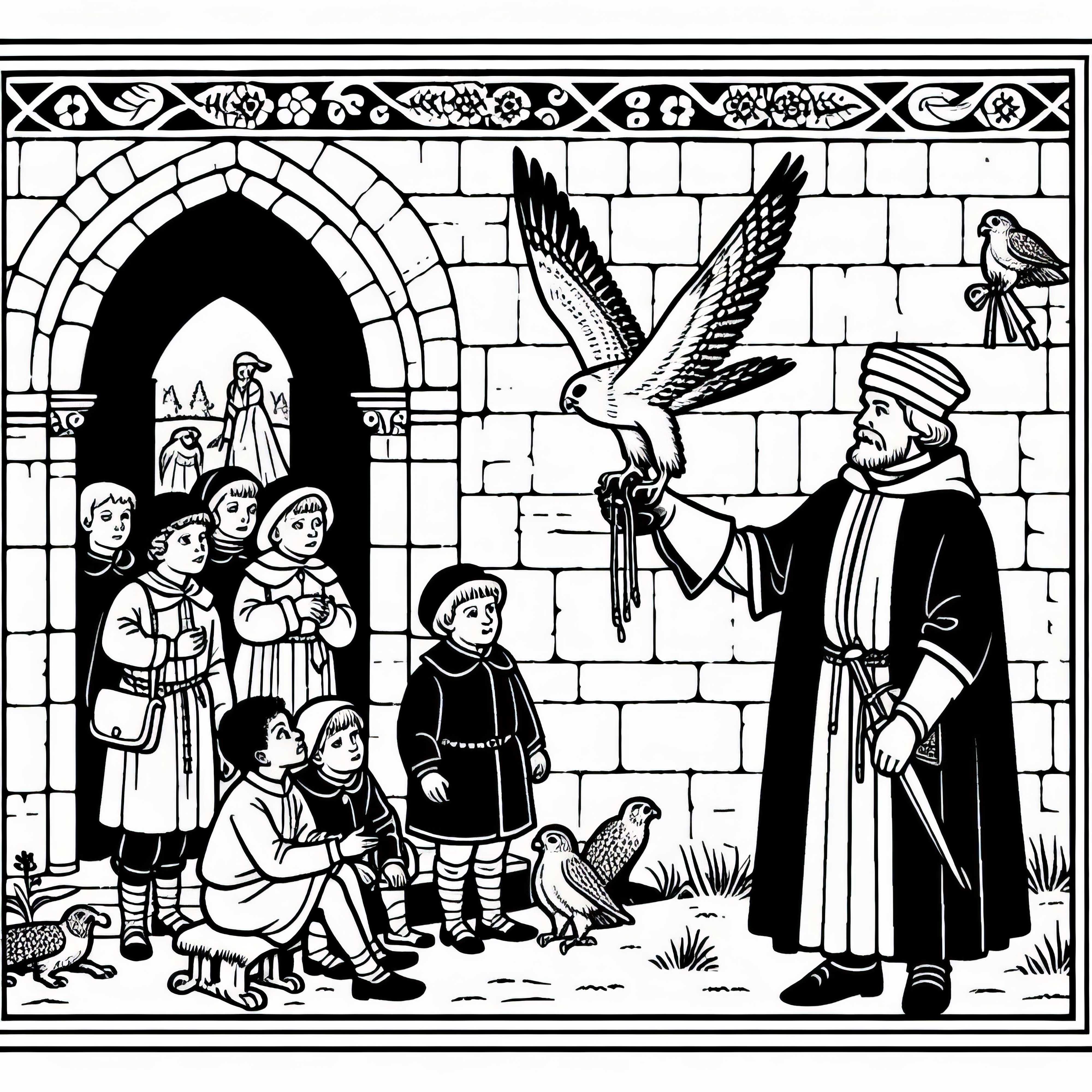 Children watch falconers with a bird coloring template medieval free Children watch falconers with a bird coloring template medieval free