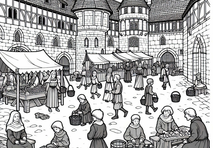 Market Day in the Castle Courtyard: Free Medieval Coloring Template