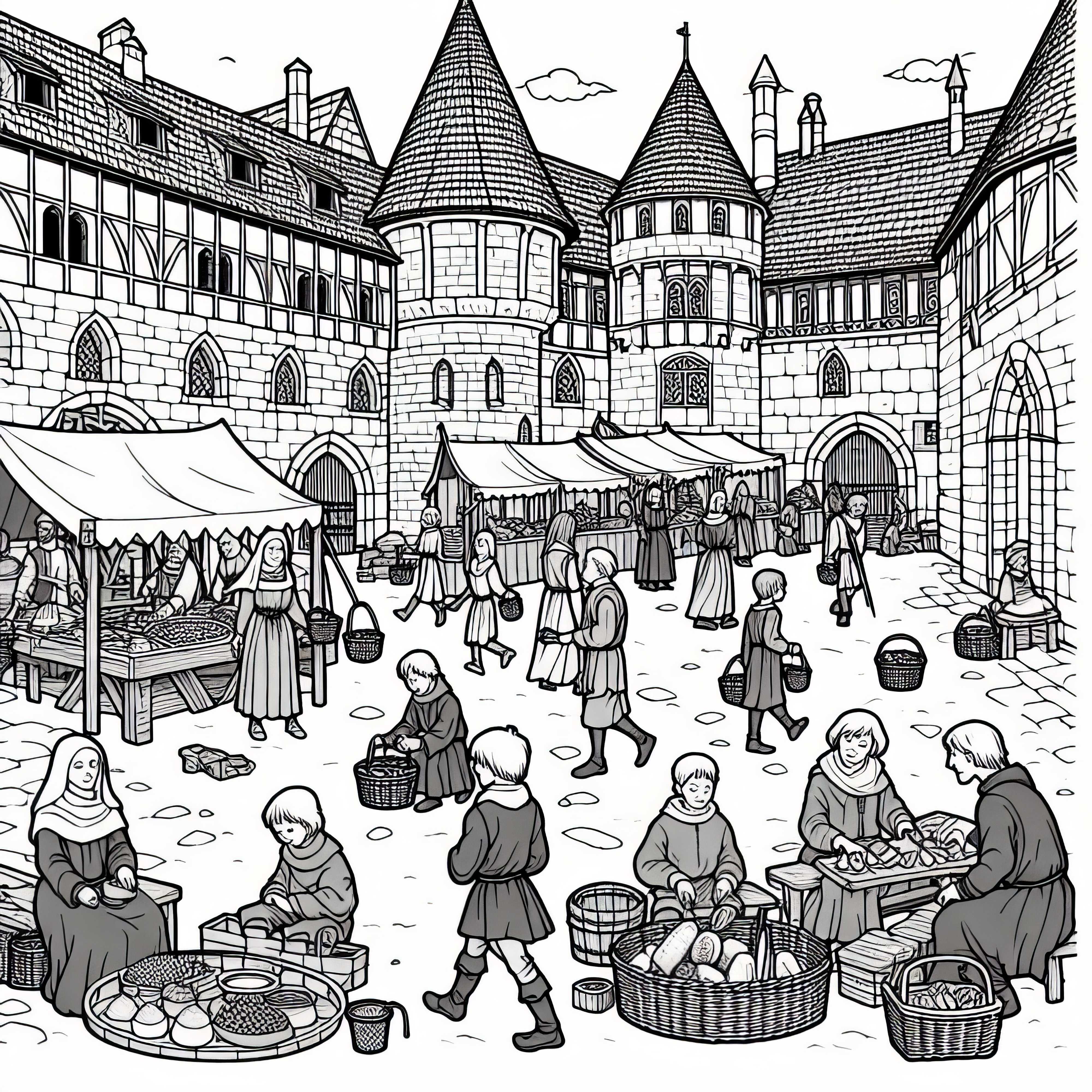 Market Day in the Courtyard: Free Medieval Coloring Template