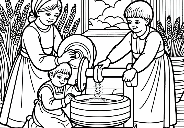 Два ребенка помогают в помоле зерна. Раскраска германцев бесплатно