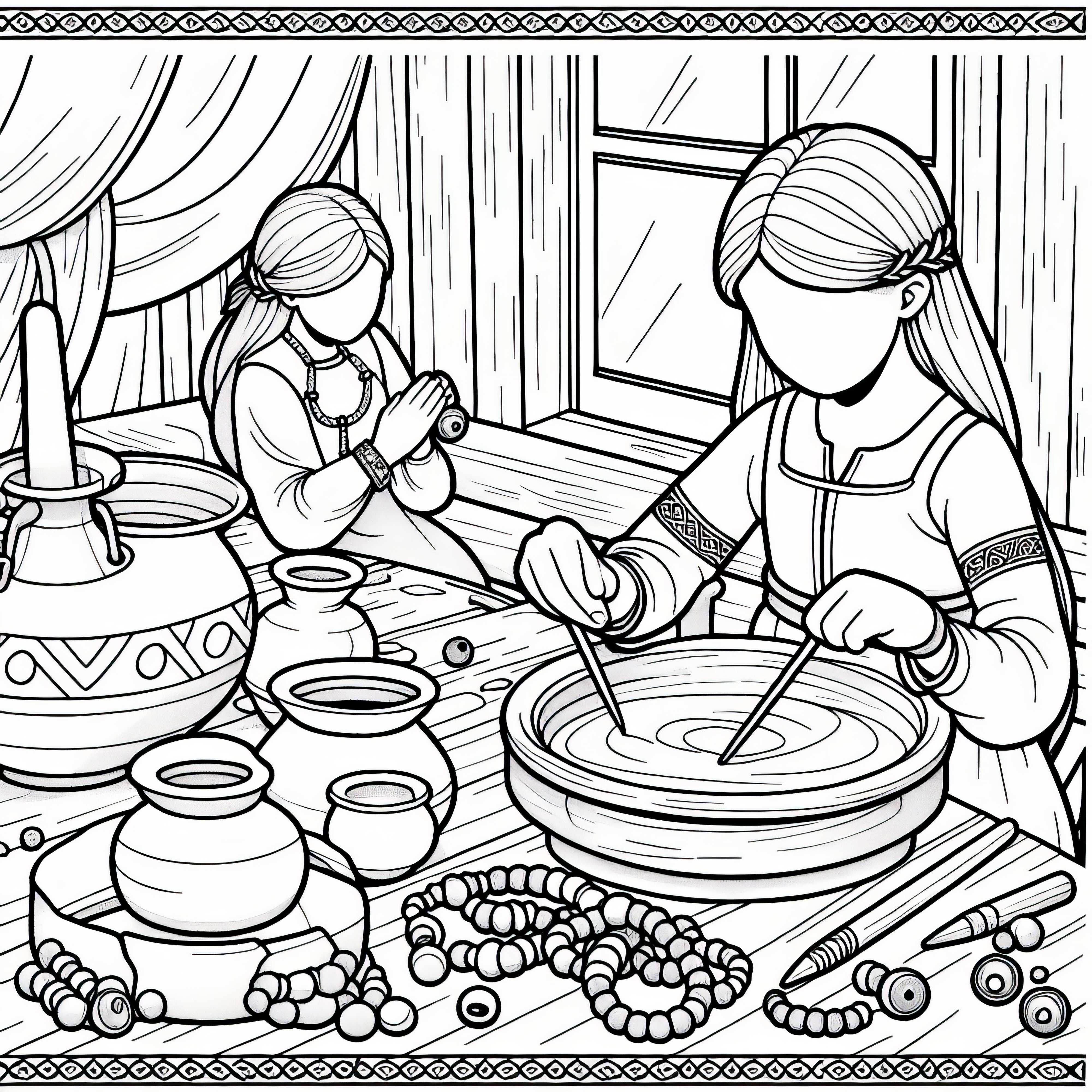 Deklica izdeluje perle iz gline – brezplačna risanka vikinške tema Deklica oblikuje bisere iz gline – brezplačna vikingska barvna predloga
