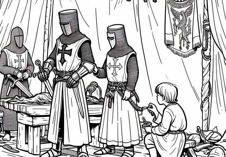 Barn observerer forberedelsen til et riddereventyr – Malebillede om korstogene gratis