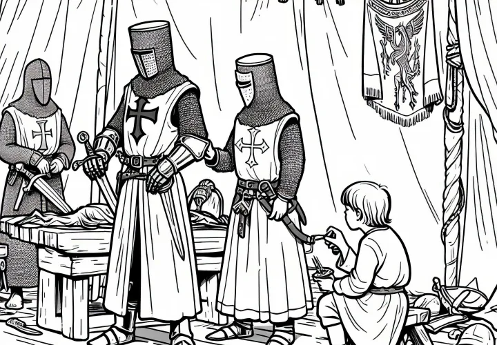 Ребёнок наблюдает за подготовкой рыцарского похода – раскраска по теме крестовых походов бесплатно