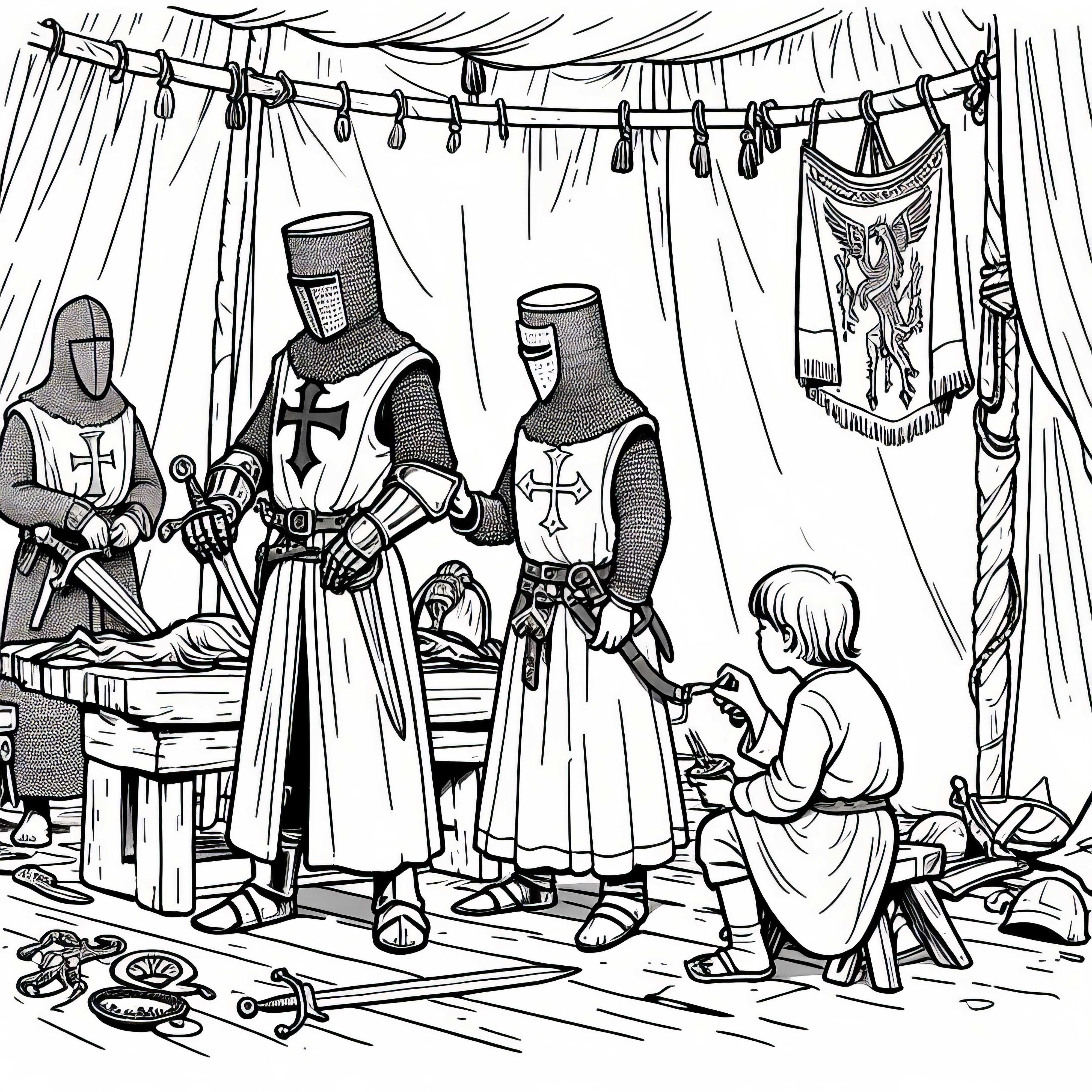 Barn observerer forberedelsen af en ridderrejse - malebillede om korstogene gratis Barn observerer forberedelsen af et riddertogt - Malebillede om korstogene gratis
