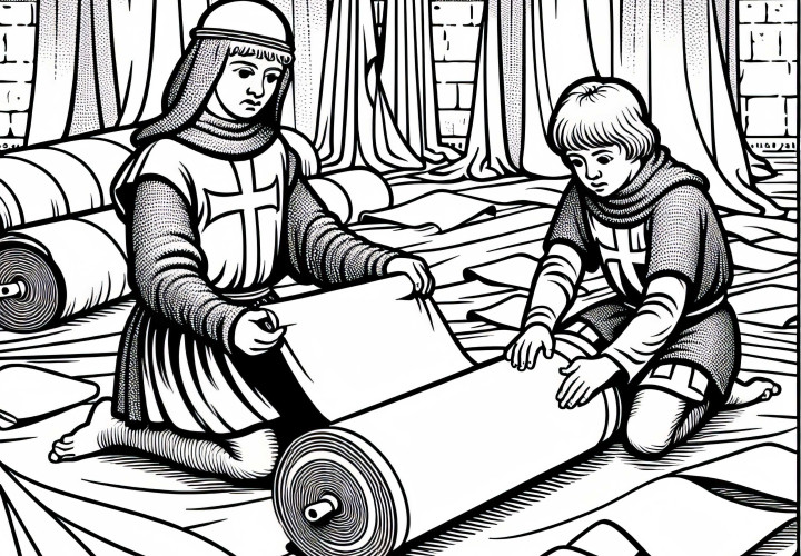 To børn ruller stof til nye faner sammen: Malebillede korstog gratis