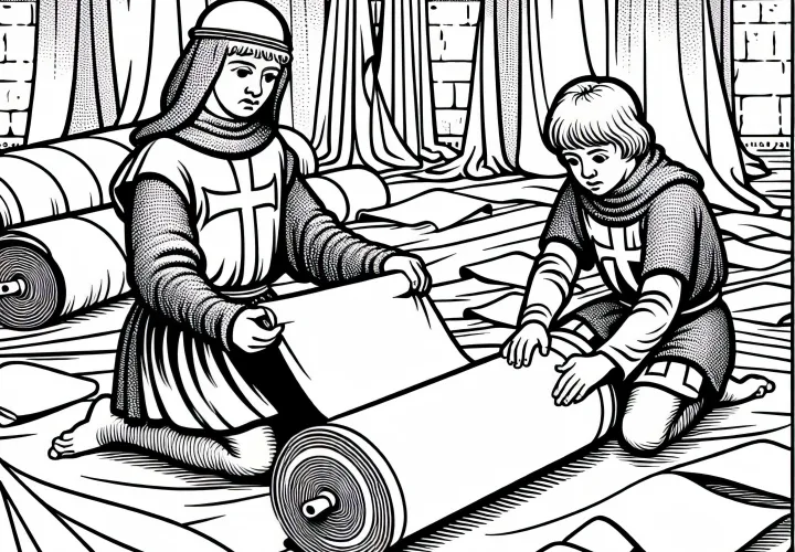 Два ребенка скатывают ткань для новых флагов: Раскраска крестовых походов бесплатно