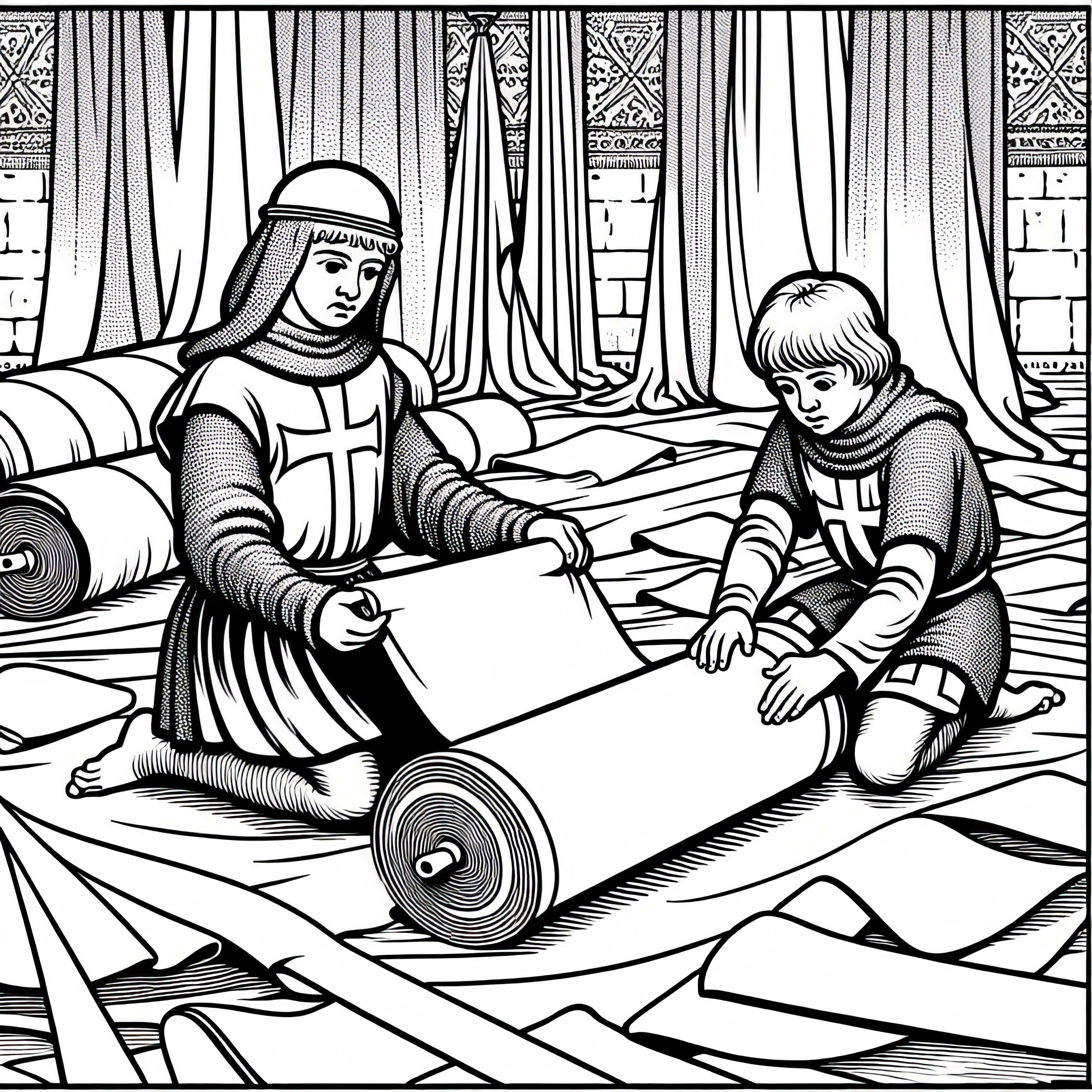 To børn ruller stof til nye flag sammen: Malebillede af korstogene gratis To børn ruller stof til nye flag sammen: Malebillede korstog gratis