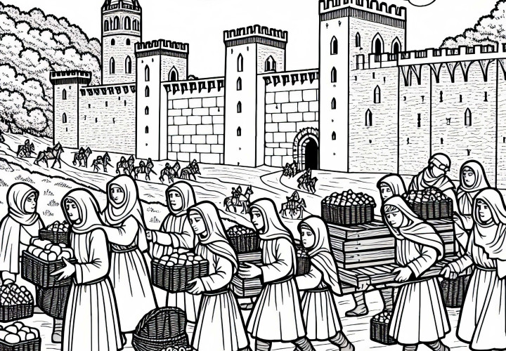 Børn hjælper med at bære forsyninger - Maleblads korsfarerne gratis