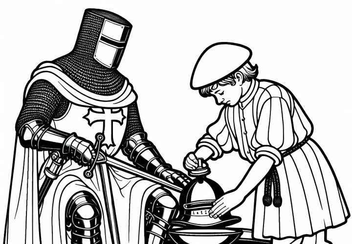 Ung rytterside hjælper ridder med at polere hjelmen farvelægningsbillede korstog gratis