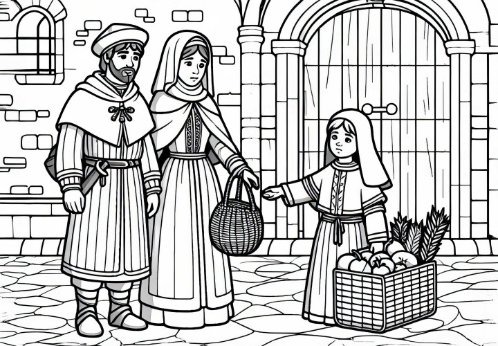 Familien tager afsked med pilgrimme med en kurv fuld af proviant: Gratis farvelægningsside om korstogene