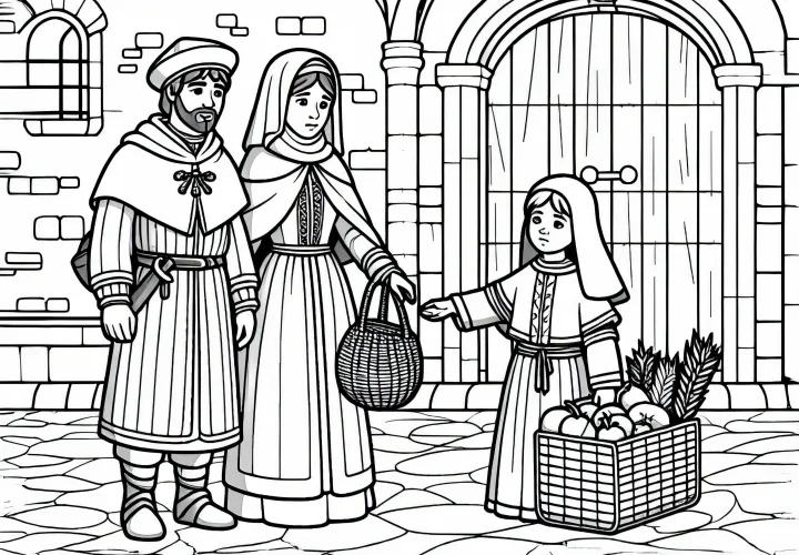 Семья провожает паломников с корзиной, полной провизии: Бесплатный раскраска о крестовых походах