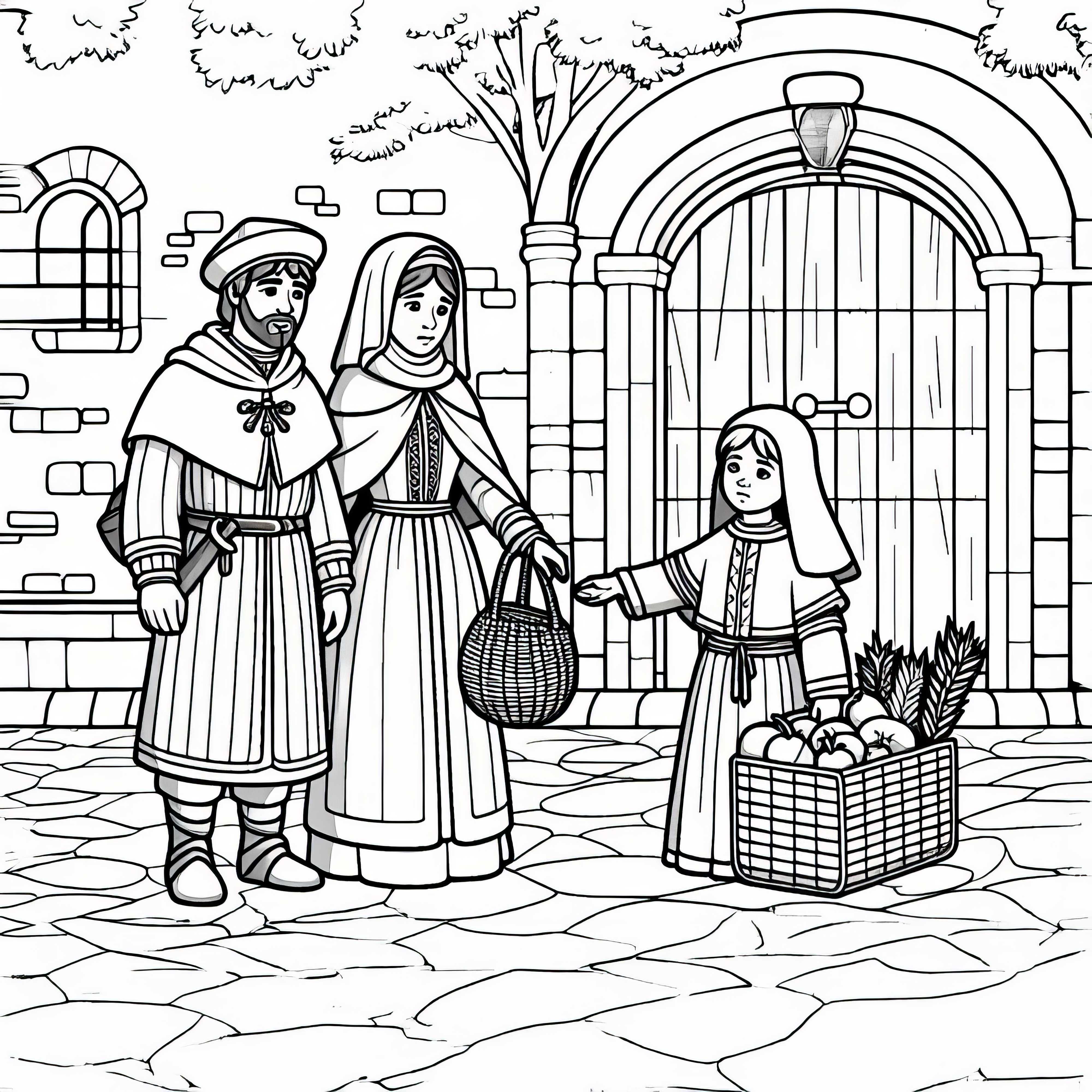Familie tager afsked med pilgrimme med en kurv fuld af proviant: Farvelægningstegning Korstog gratis Familien tager afsked med pilgrim med en kurv fuld af proviant: Malebog om korsfarerne gratis