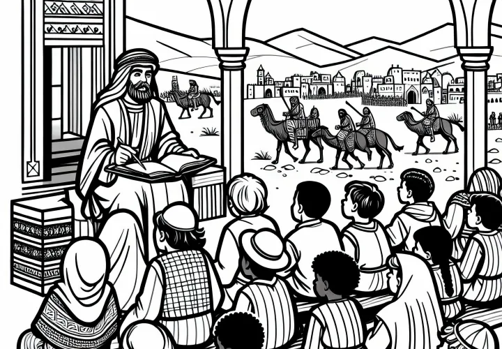 Дети слушают историю паломников для раскраски крестовых походов бесплатно