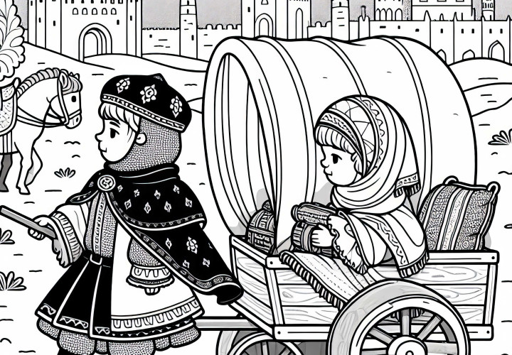 To børn leger på rejse med legetøjsvogn – Malerark Korstog gratis