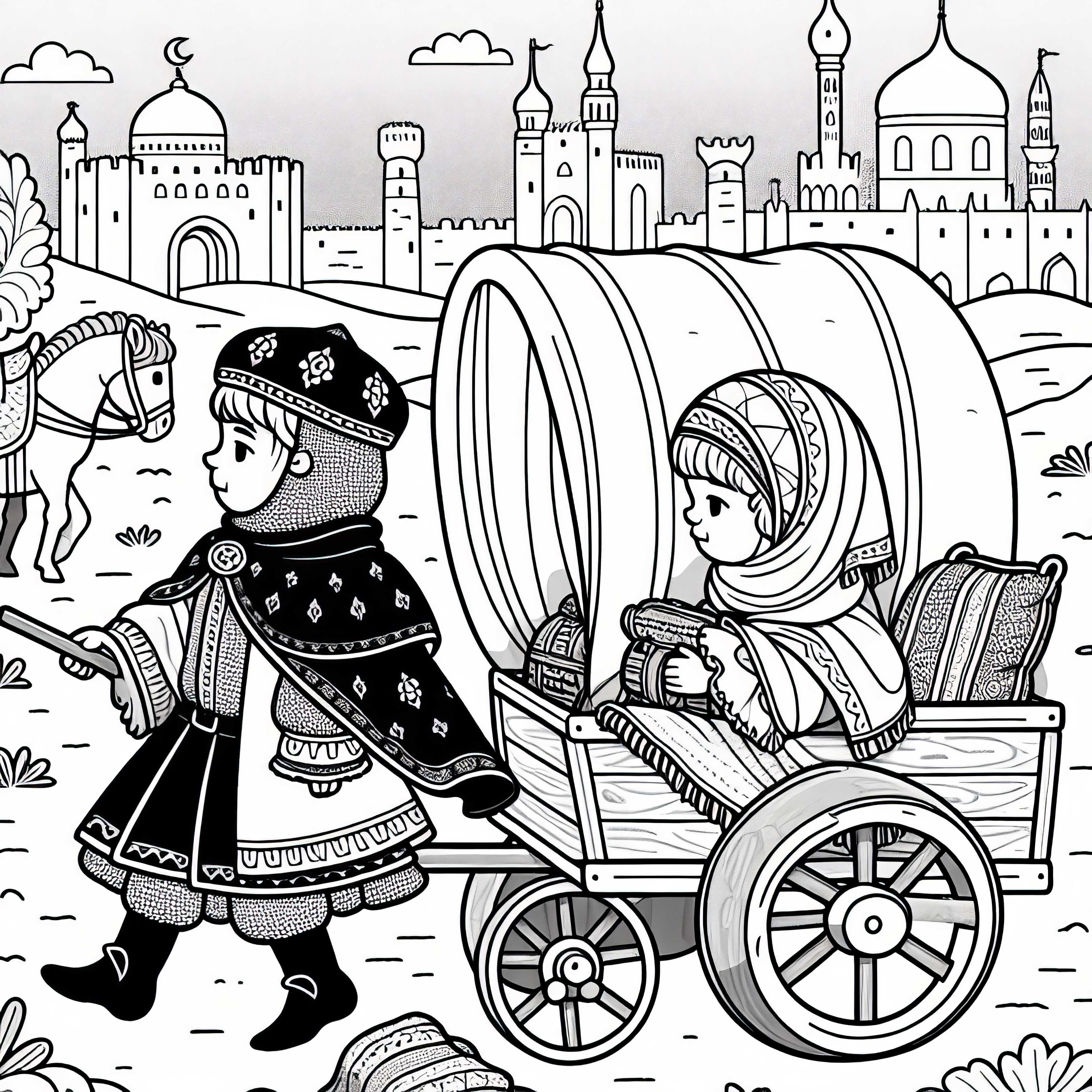 To børn leger på rejse med legetøjsvogne - Malebog Korsfarerne gratis To børn leger på rejse med legetøjsvogne - Malebog Korsfarertog gratis