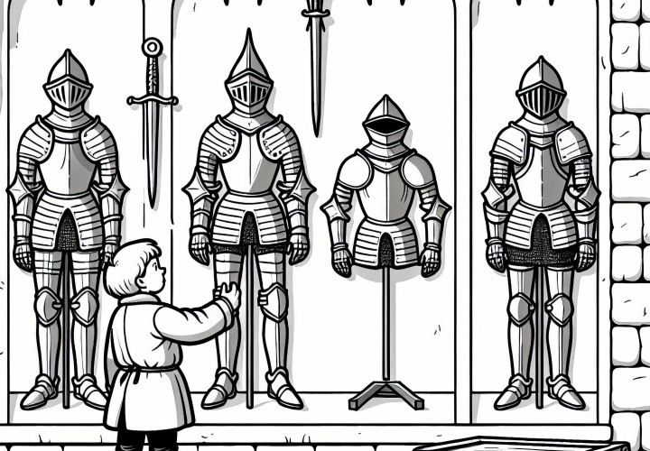 Child admires knight's armor on a wall – Free coloring page Middle Ages