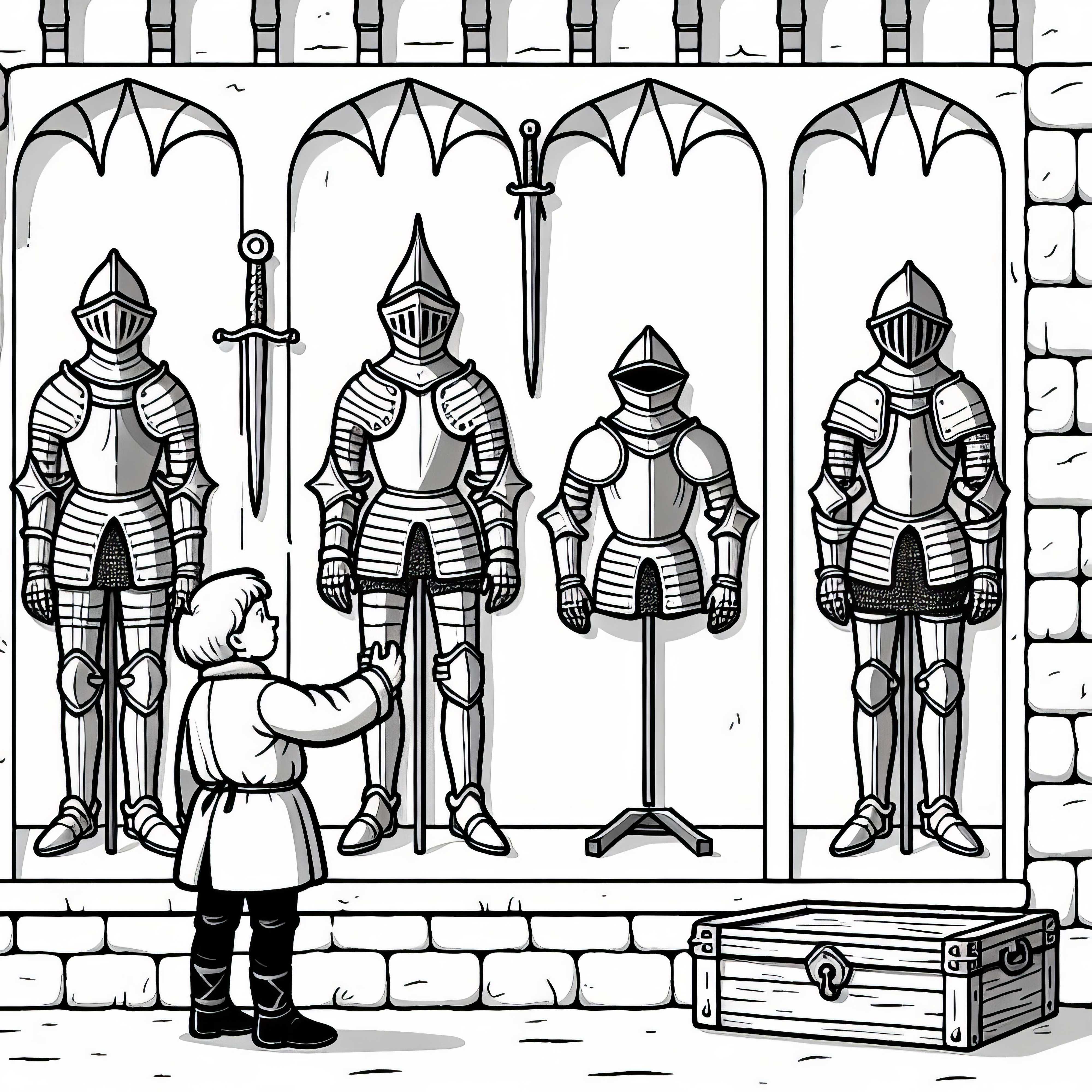 Child admires knight armors on a wall – Free coloring page medieval Child admires knight armor on a wall – Coloring page Middle Ages free