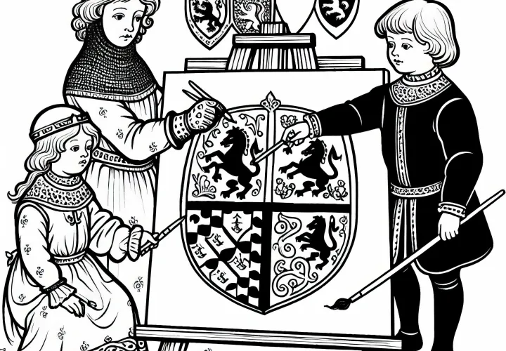 Двое детей рисуют гербы на ткани – бесплатный раскраска в средневековом стиле