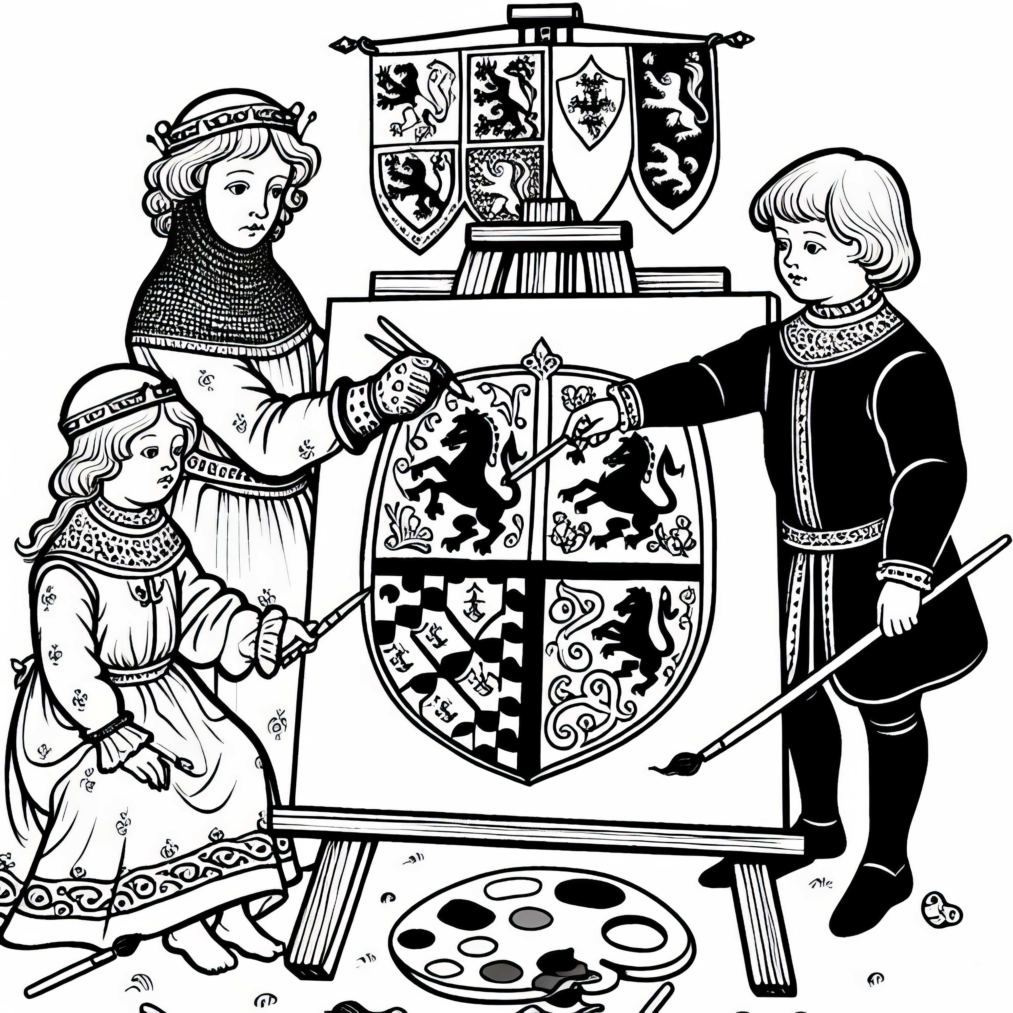 Two children are drawing coats of arms on a cloth - Medieval coloring template free of charge