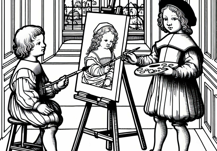 Two children painting at an easel in front of a window, downloadable Renaissance coloring template for free