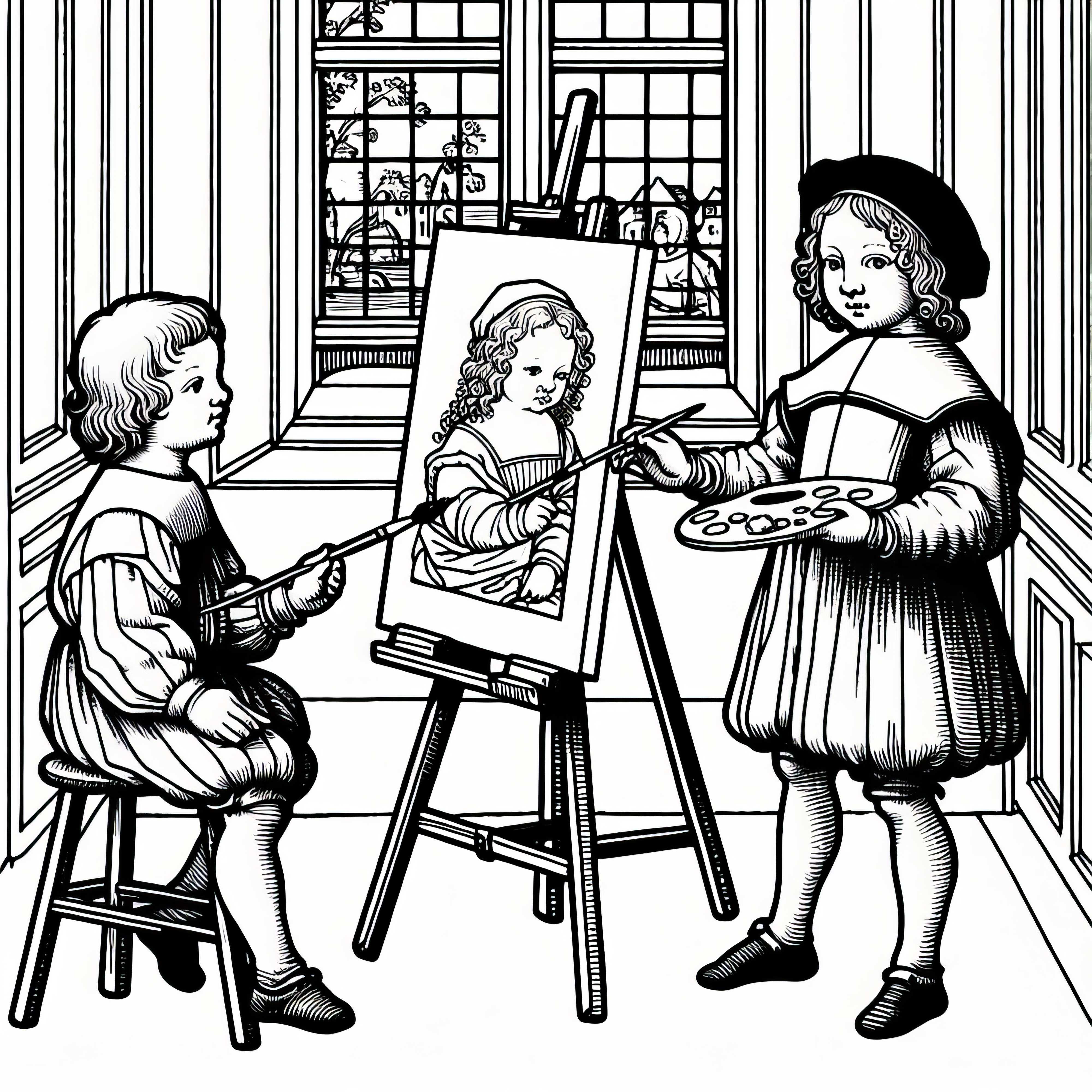 Two children are painting at an easel in front of the window, free Renaissance coloring template