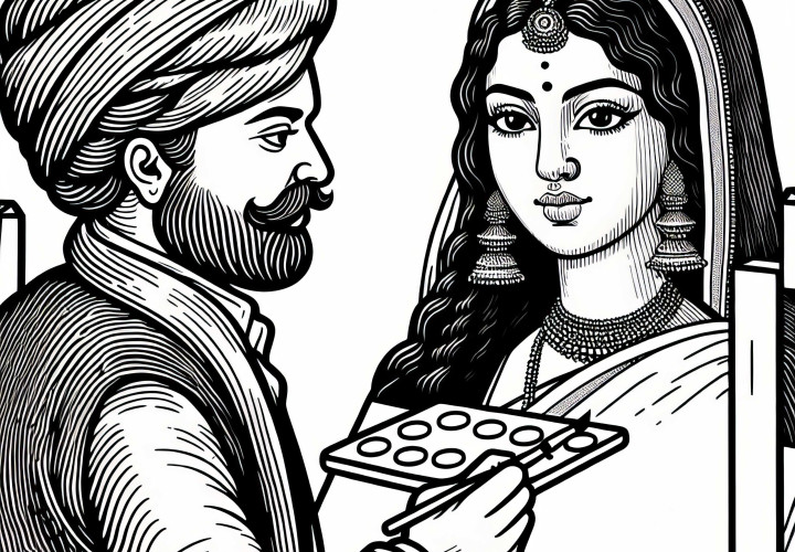 A girl watches a painter over the shoulder while he paints a portrait – free coloring template Renaissance