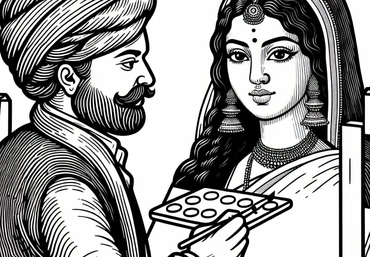 En jente ser en maler over skulderen mens han jobber med et portrett – gratis malemal for renessansen