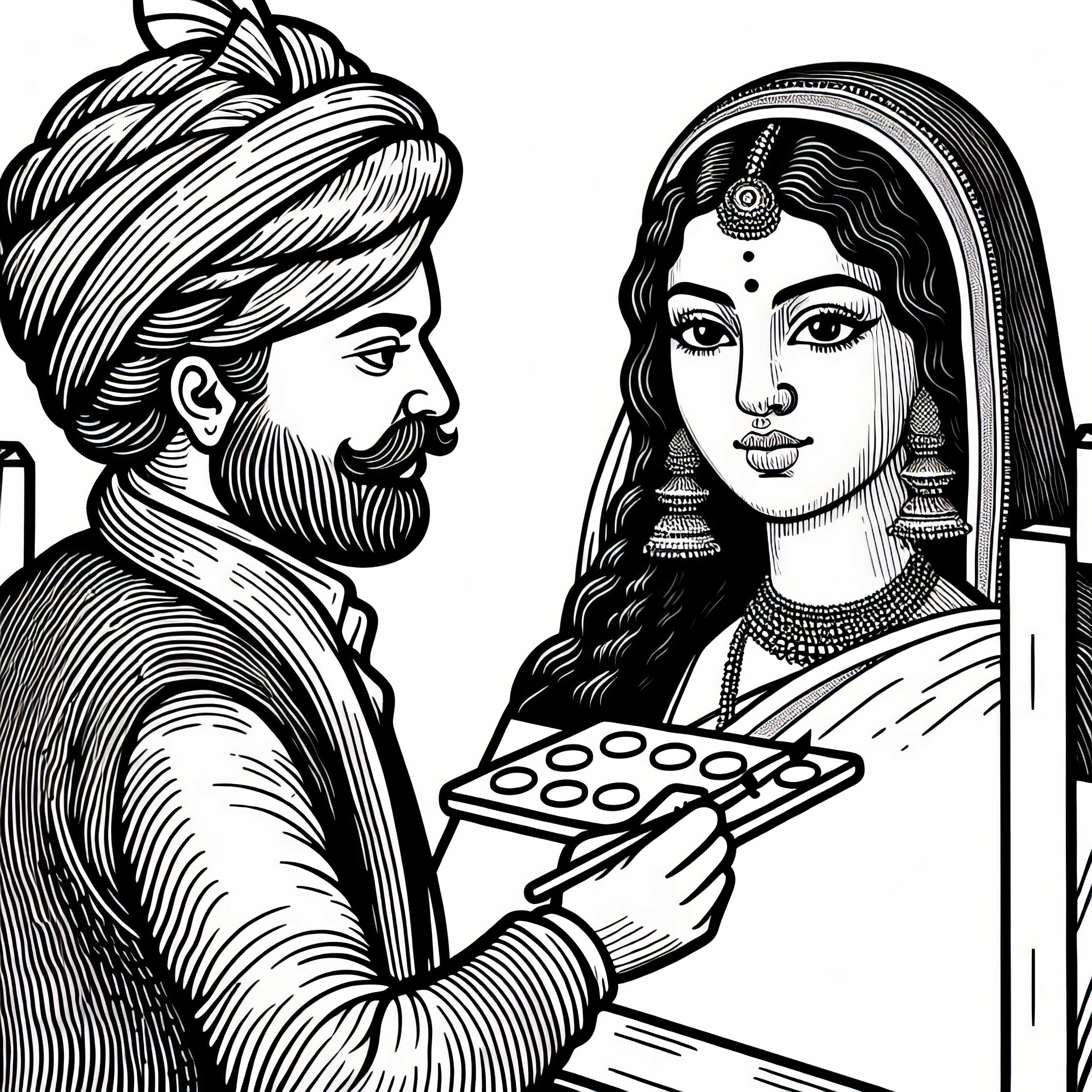 A girl watches a painter over his shoulder while he works on a portrait – free coloring template Renaissance A girl looks over a painter's shoulder at a portrait – free coloring template Renaissance