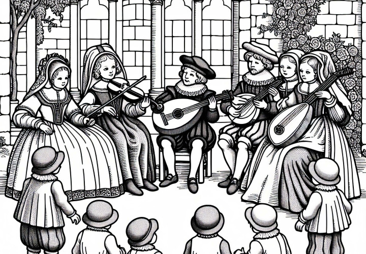 Children observe musicians with a lute and violin in the courtyard