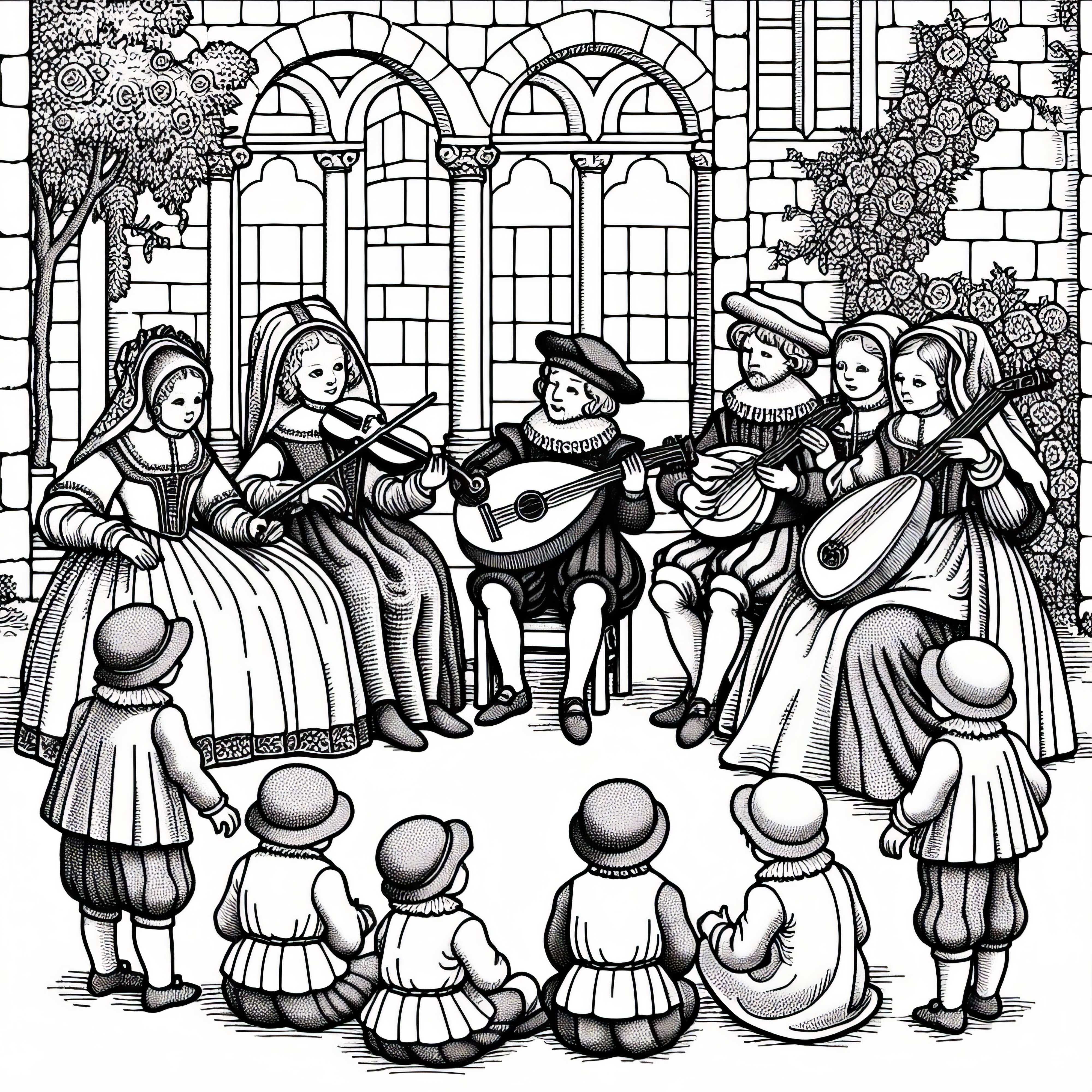 Children observe musicians with a lute and violin in the courtyard Children observe musicians with a lute and violin in the courtyard
