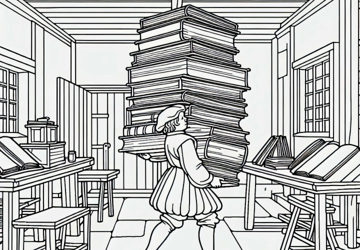 Child carrying a stack of books in the workshop - Renaissance coloring page free