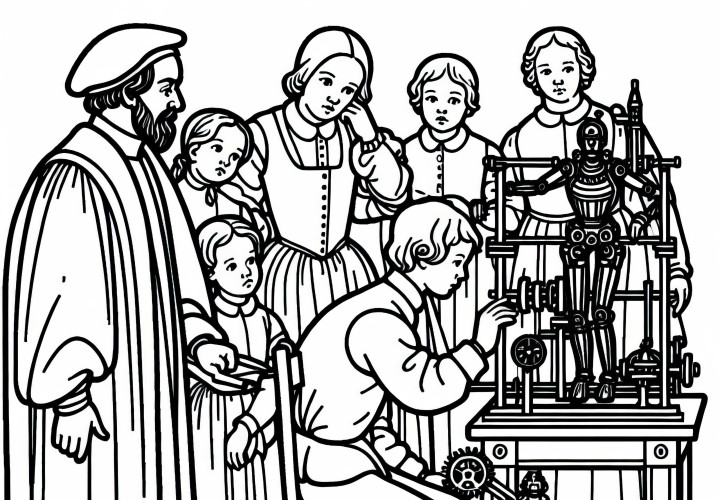 People watch inventors building a mechanical figure coloring template Renaissance free
