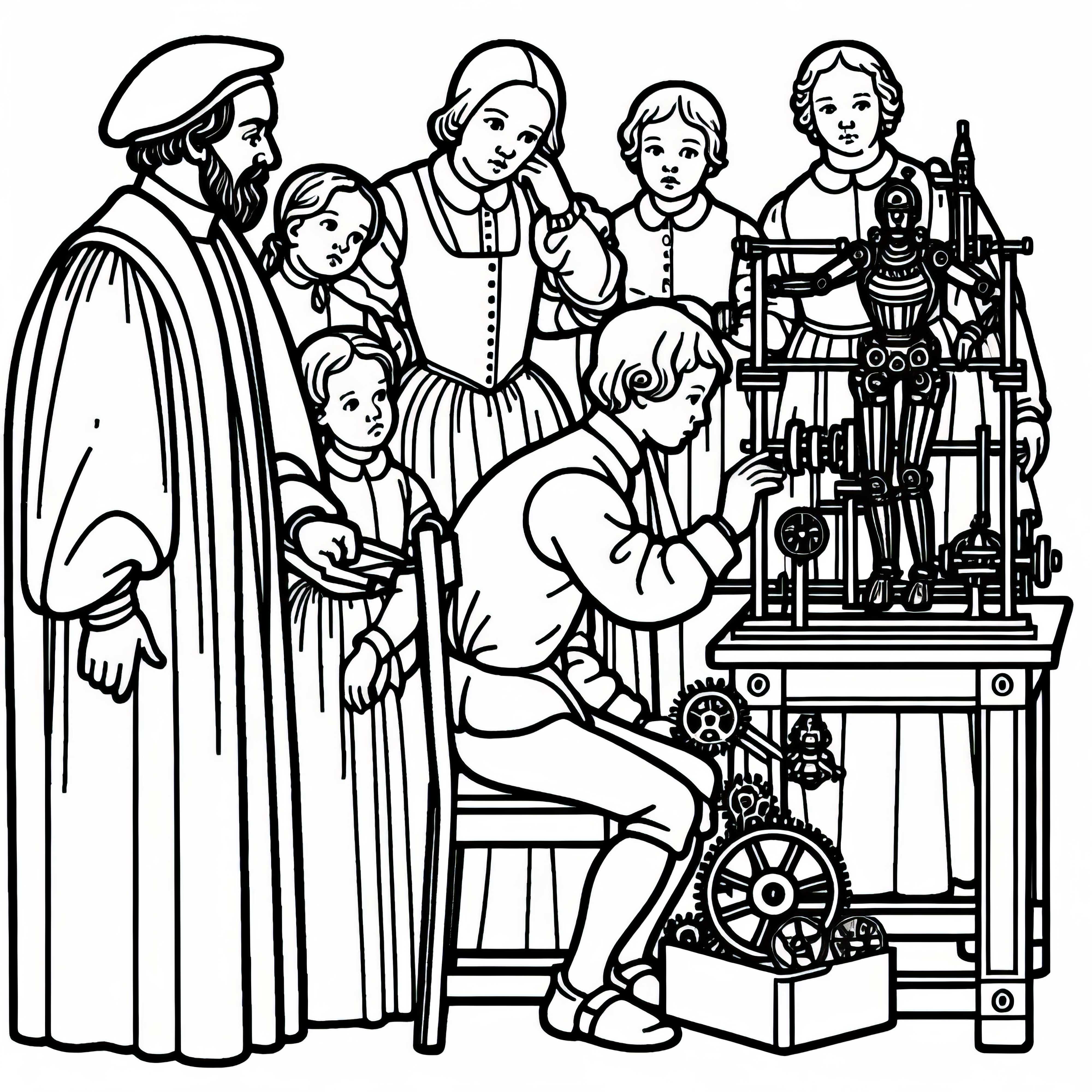 People watch inventors building a mechanical figure coloring template Renaissance free of charge People watch inventors build a mechanical figure coloring template Renaissance for free