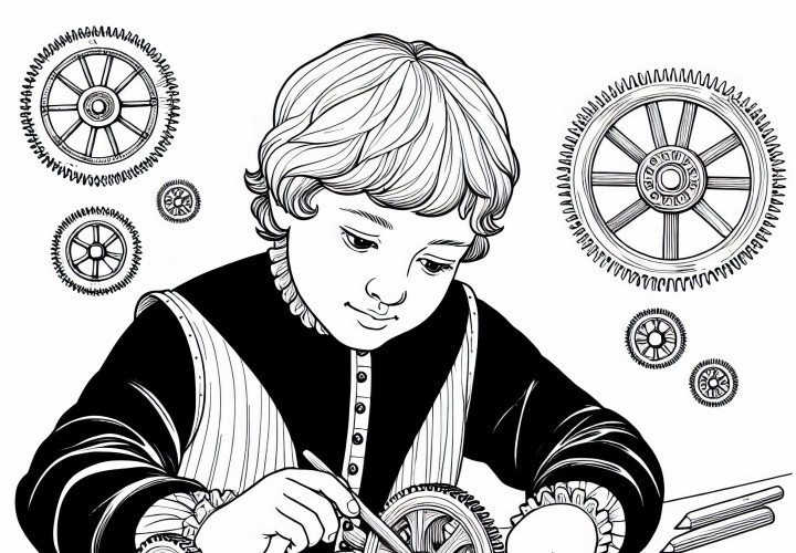 Boy builds wooden gear model coloring template Renaissance free