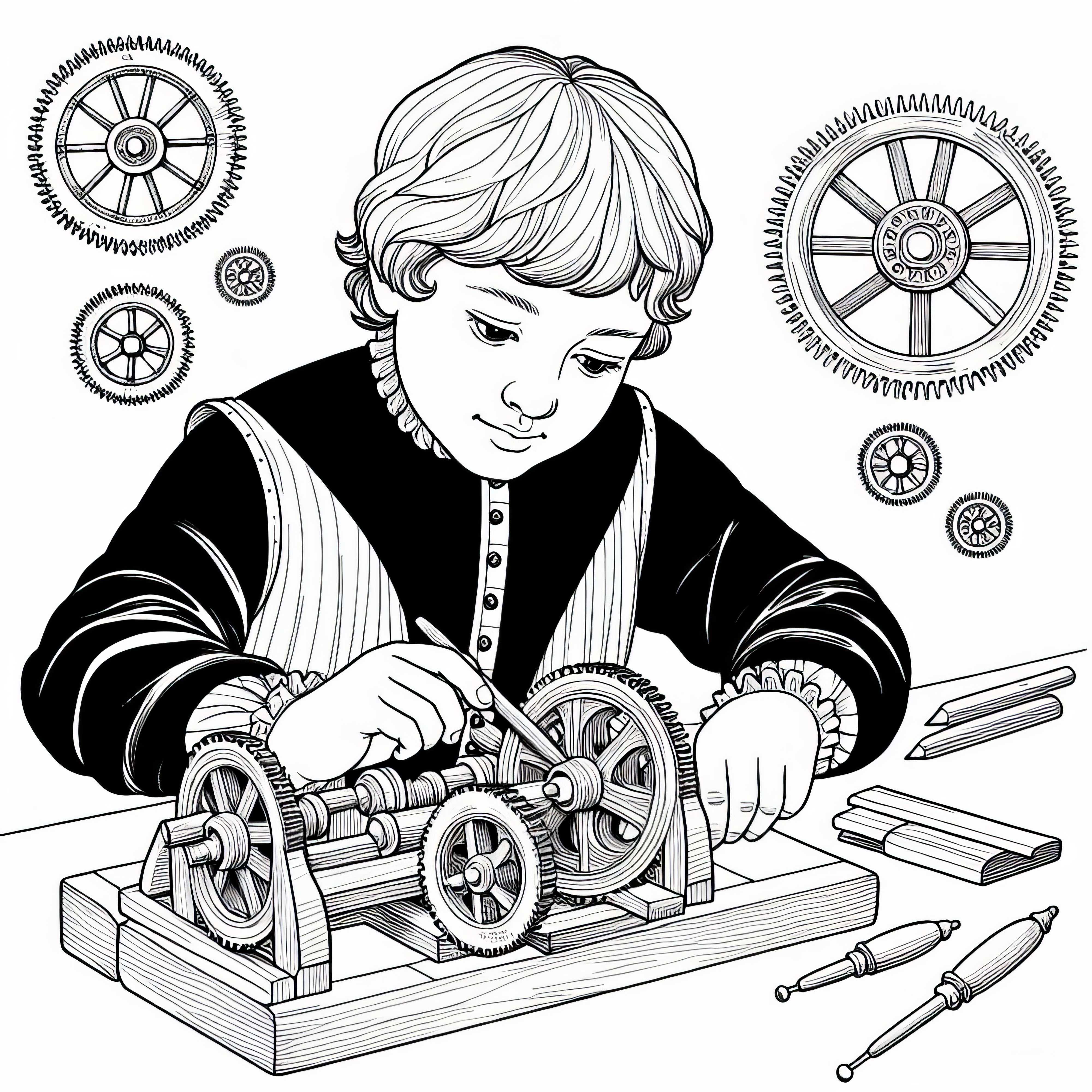 Boy builds wooden gear model coloring template Renaissance free Boy builds wooden gear model coloring template Renaissance free