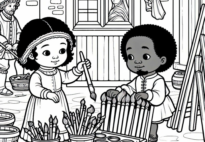 Two children are helping to sort brushes and paint pots – Free coloring template Renaissance