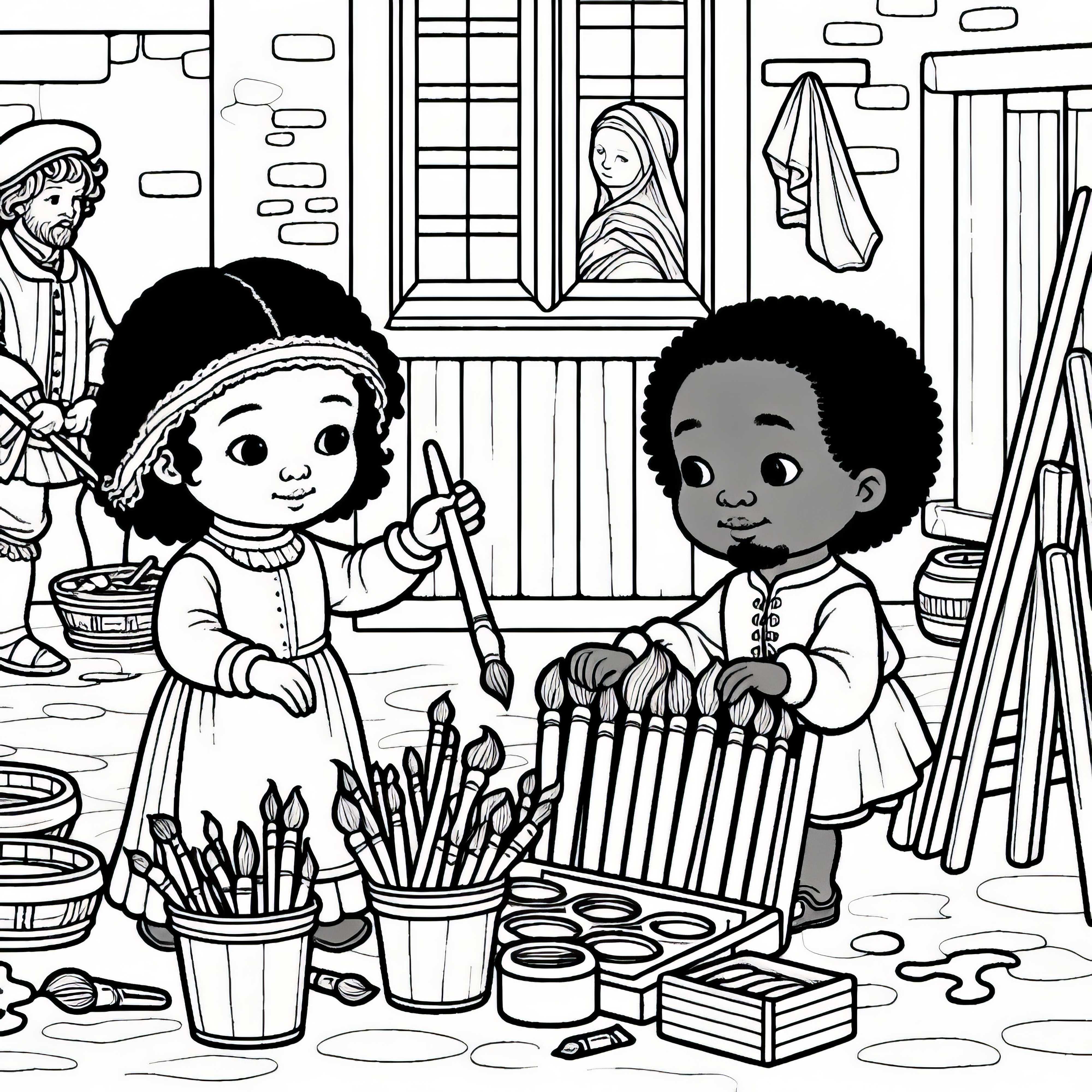 Two children help sort brushes and paint pots – Free Renaissance coloring template Two children are helping sort brushes and paint pots – Free coloring template Renaissance