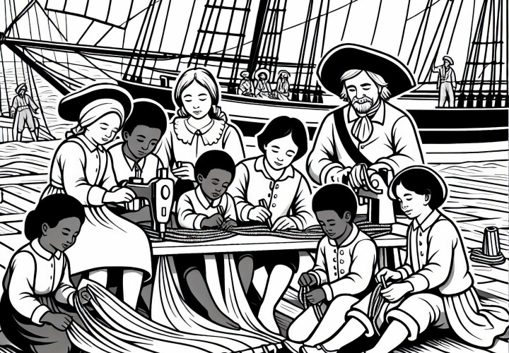 Children help with sewing sails: Coloring page of the discovery of America for free