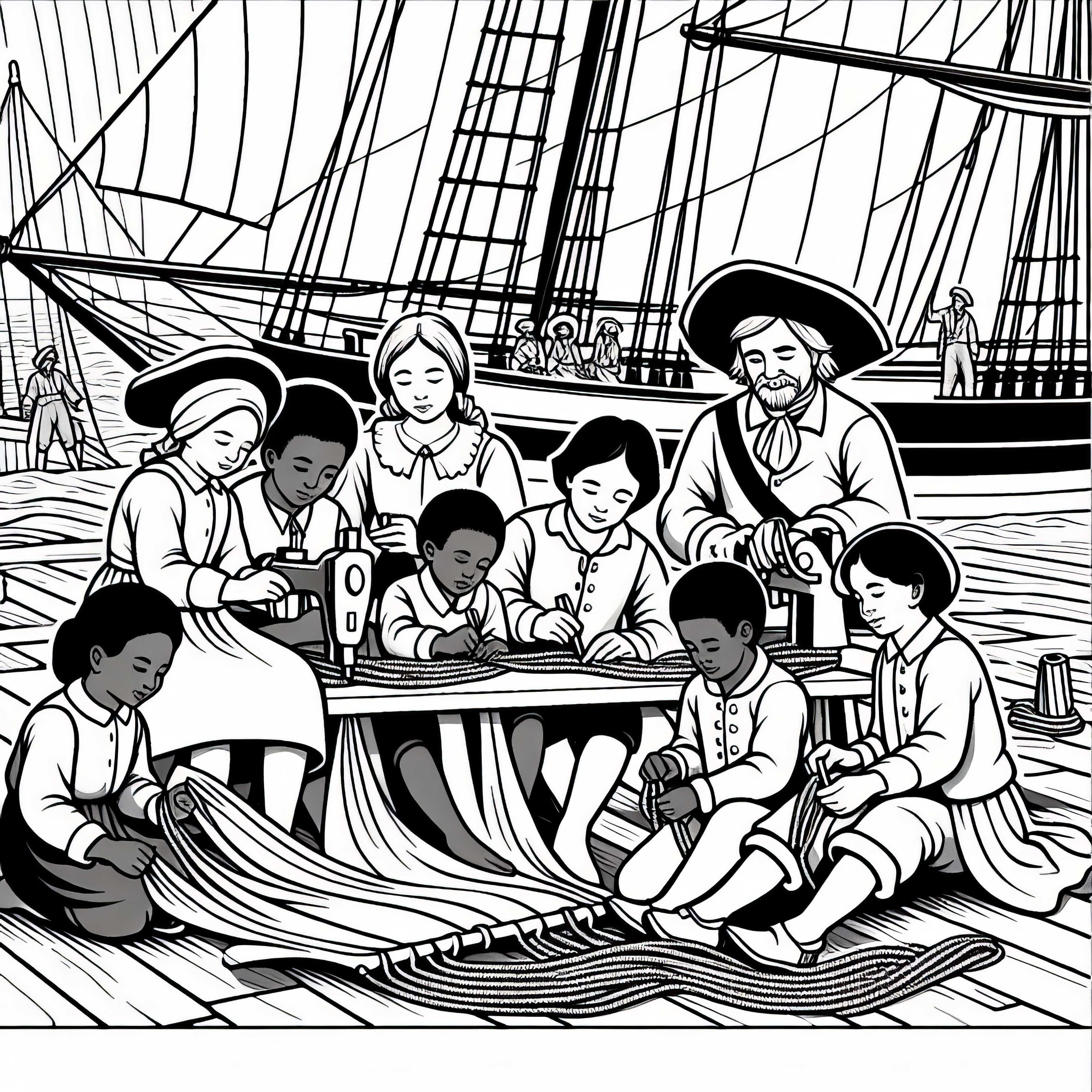 Children help with sewing sails: Free coloring page of the discovery of America Children help with sewing sails: Free coloring page of the discovery of America