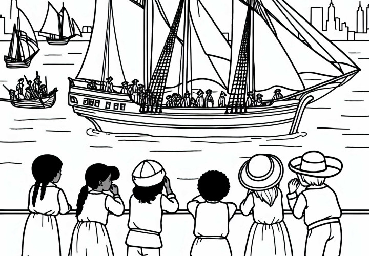 Children observe sailing ship coloring page discovery of America free