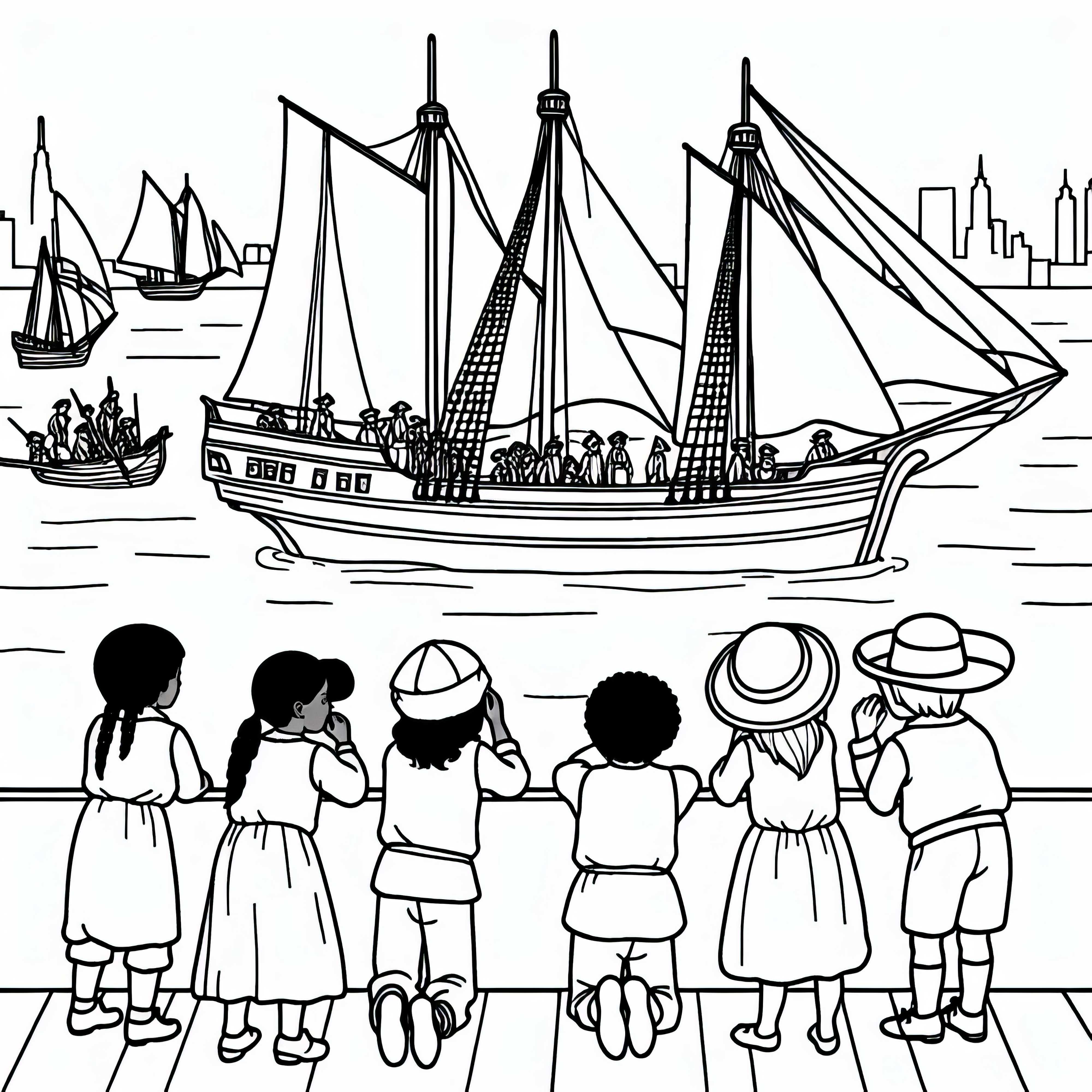 Children observe sailing ship coloring page discovery of America free Children observe sailing ship coloring page Discovery of America free