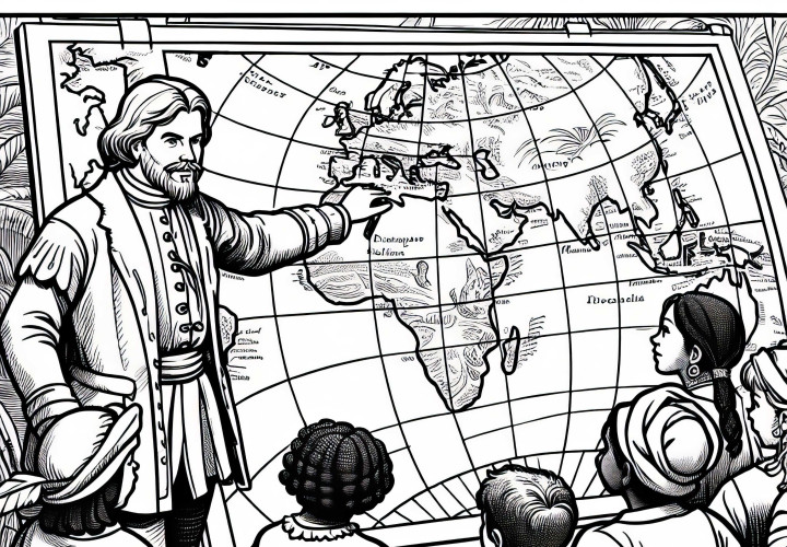 Christopher Columbus shows children a large map - free coloring page for the discovery of America
