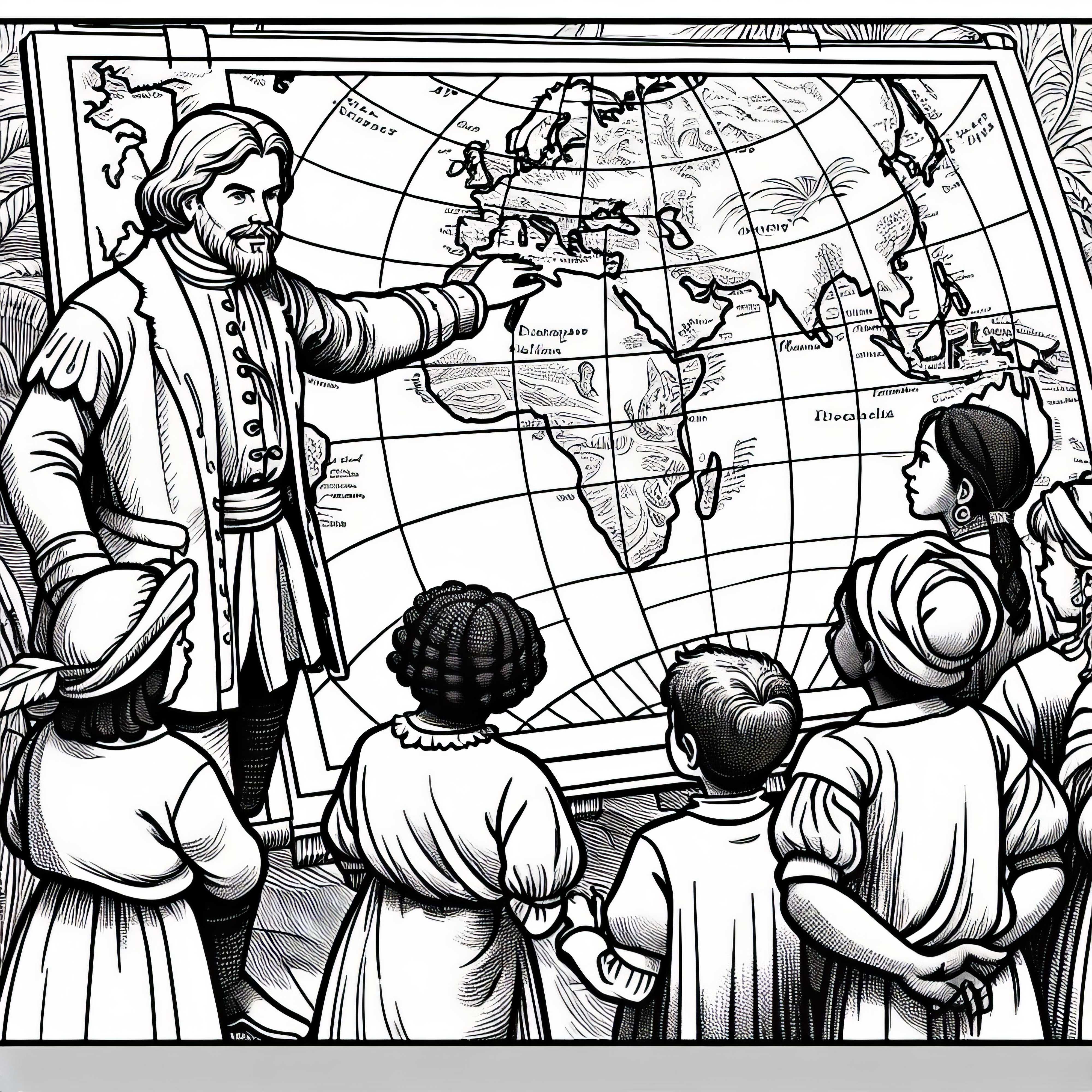 Christopher Columbus shows children a large map – Coloring page for the discovery of America for free Christopher Columbus shows children a large map – Free coloring page for the discovery of America