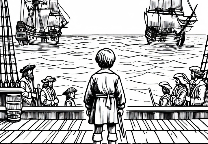 Child stands on the deck of the Santa Maria and looks over the sea - Free coloring page of the discovery of America