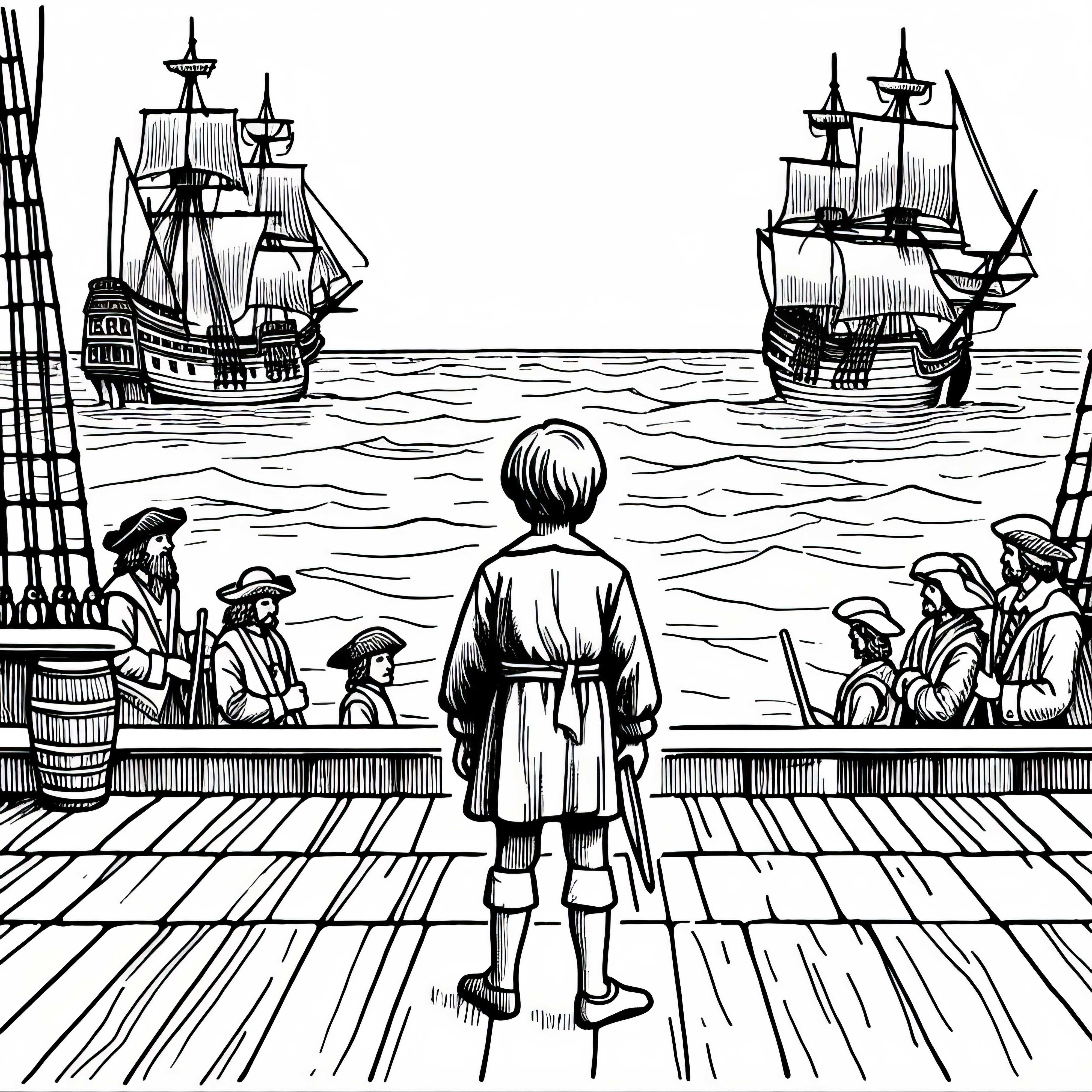 Child stands on the deck of the Santa Maria and looks out over the sea – Free coloring page of the discovery of America Child is standing on the deck of the Santa Maria and looking over the sea – Free coloring page Discovery of America