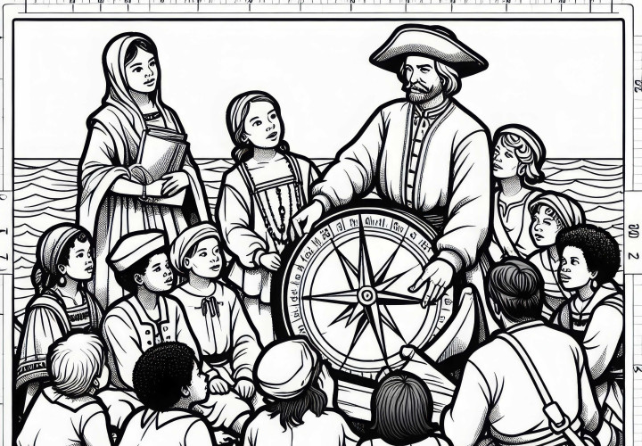 Sailor explains to children how a compass works – Free coloring page of the discovery of America