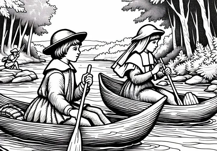 Два ребенка с простыми лодками из коры Раскраска Открытие Америки бесплатно