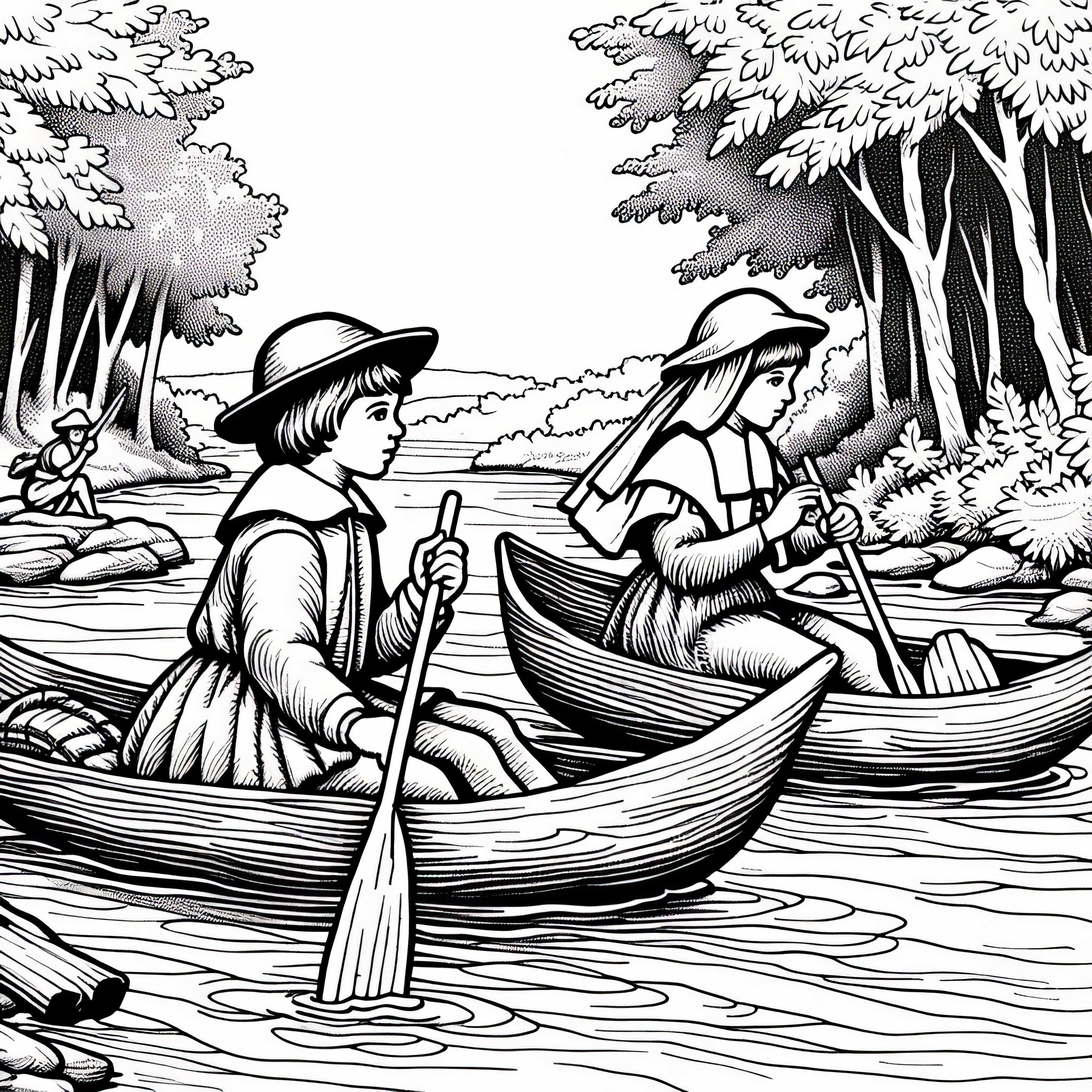 Two children with simple bark boats coloring page Discovery of America free Two children with simple bark boats coloring page Discovery of America free
