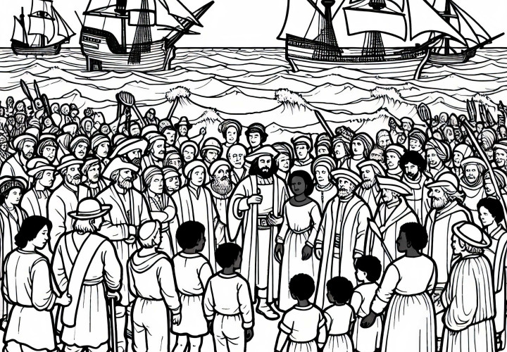 Sailing ships on a foreign coast coloring page discovery of America free