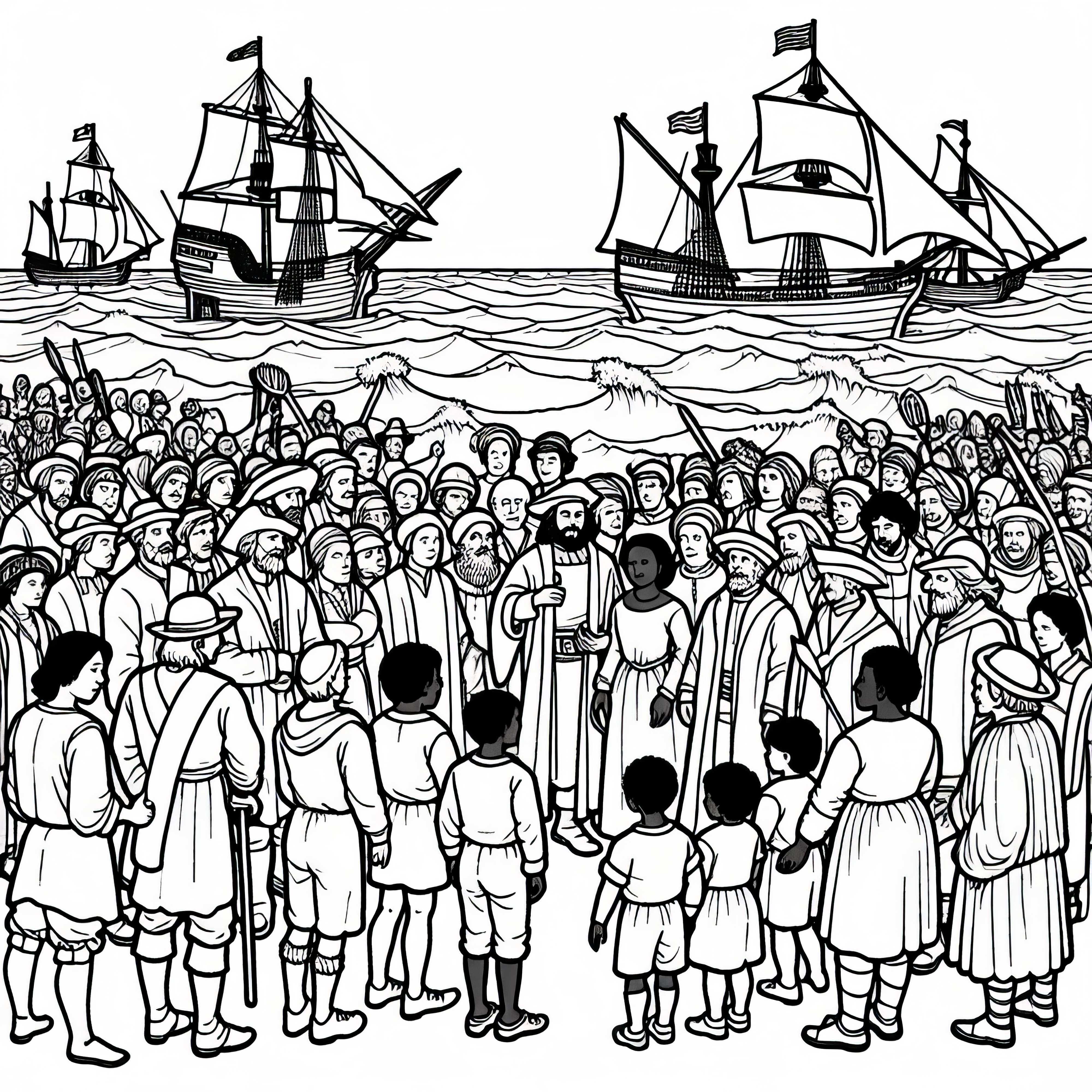 Sailing ships on foreign coasts coloring pages Discovery of America free Sailing ships on foreign coast coloring template Discovery of America free